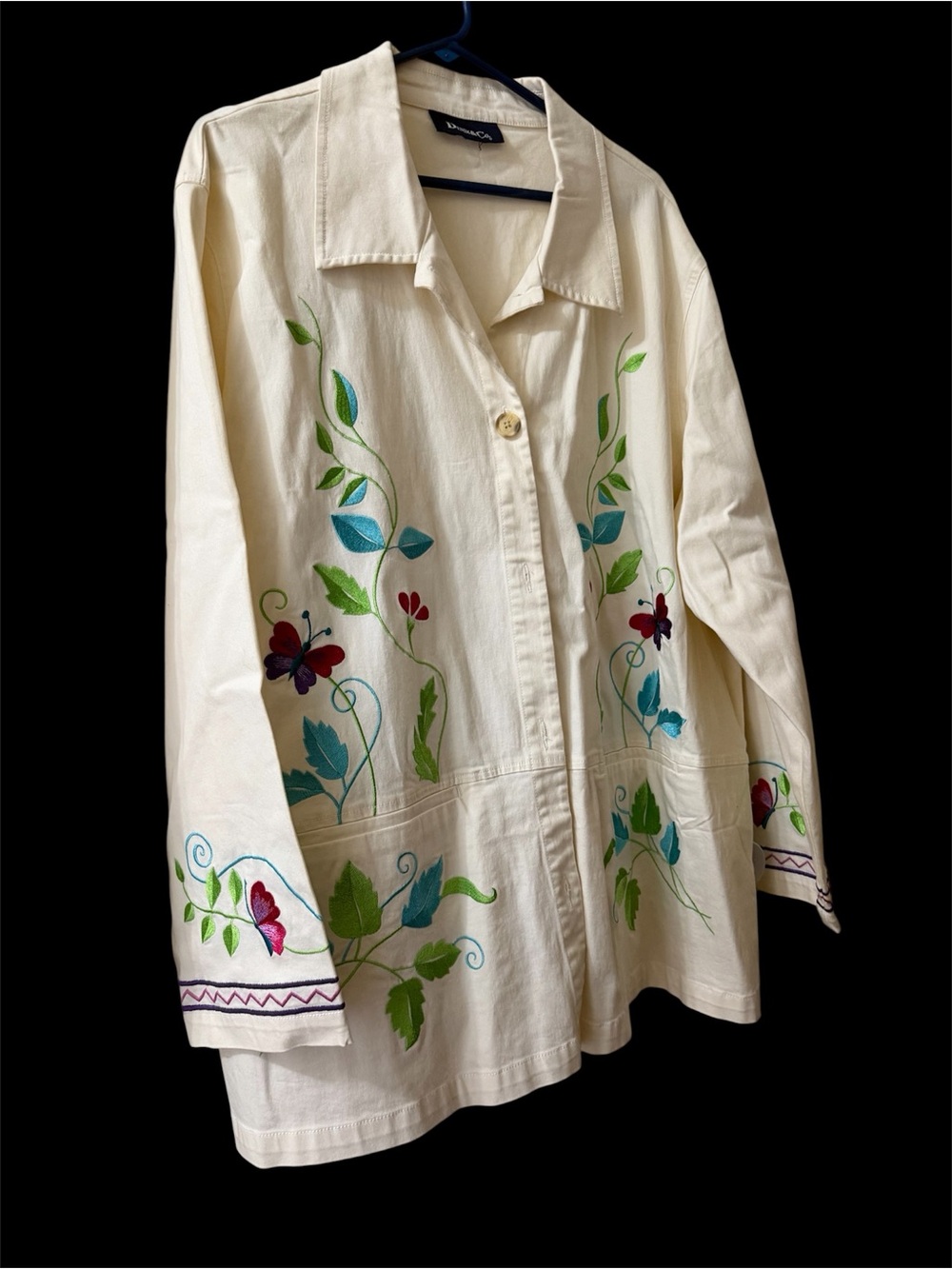 Denim & Co. Cream Embroidered Floral Butterfly Denim Jacket Shirt 3X Plus Size
